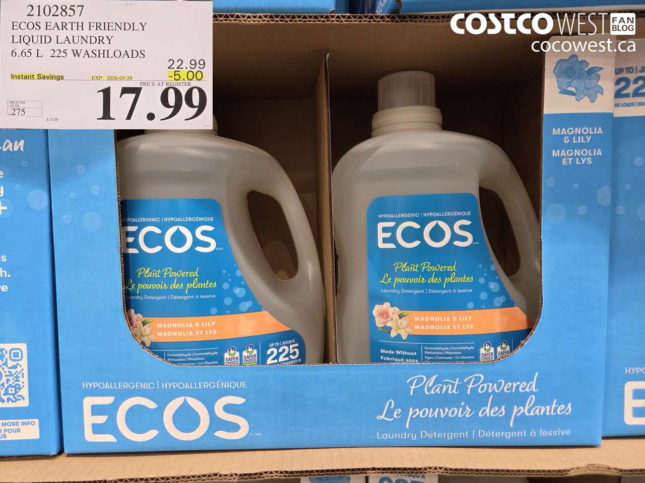 2102857 ECOS EARTH FRIENDLY LIQUID LAUNDRY 6.65 L 225 WASHLOADS ($5.00 INSTANT SAVINGS EXPIRES ON 2026-03-29) $17.99