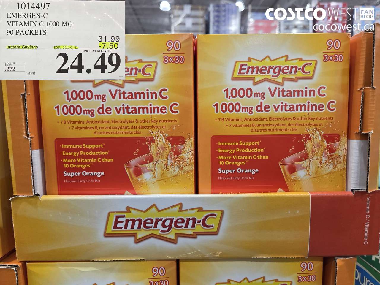 1014497 EMERGEN-C VITAMIN C 1000 MG 90 PACKETS ($7.50 INSTANT SAVINGS EXPIRES ON 2026-04-12) $24.49