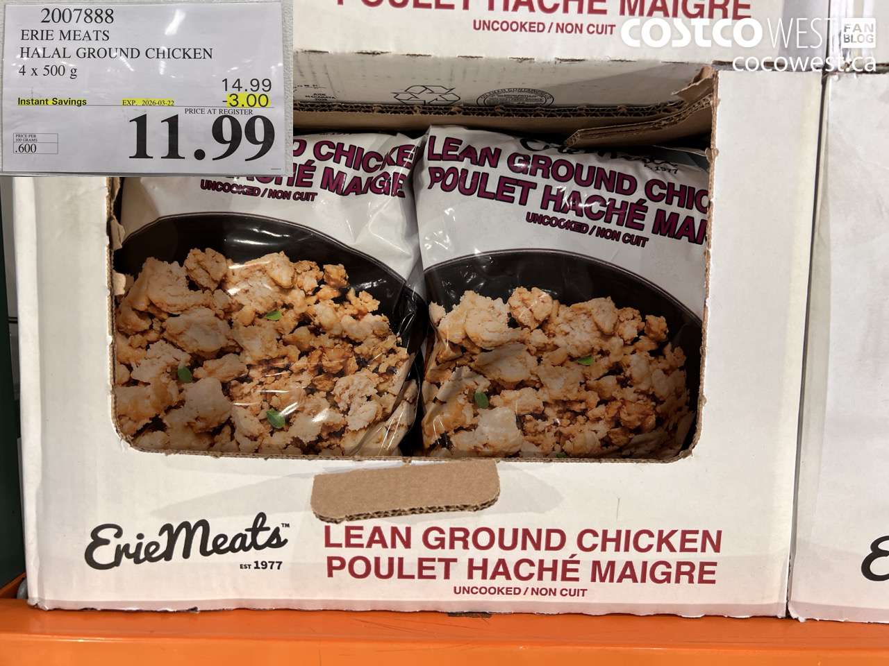 2007888 ERIE MEATS HALAL GROUND CHICKEN 4 X 500 G ($3.00 INSTANT SAVINGS EXPIRES ON 2026-03-22) $11.99