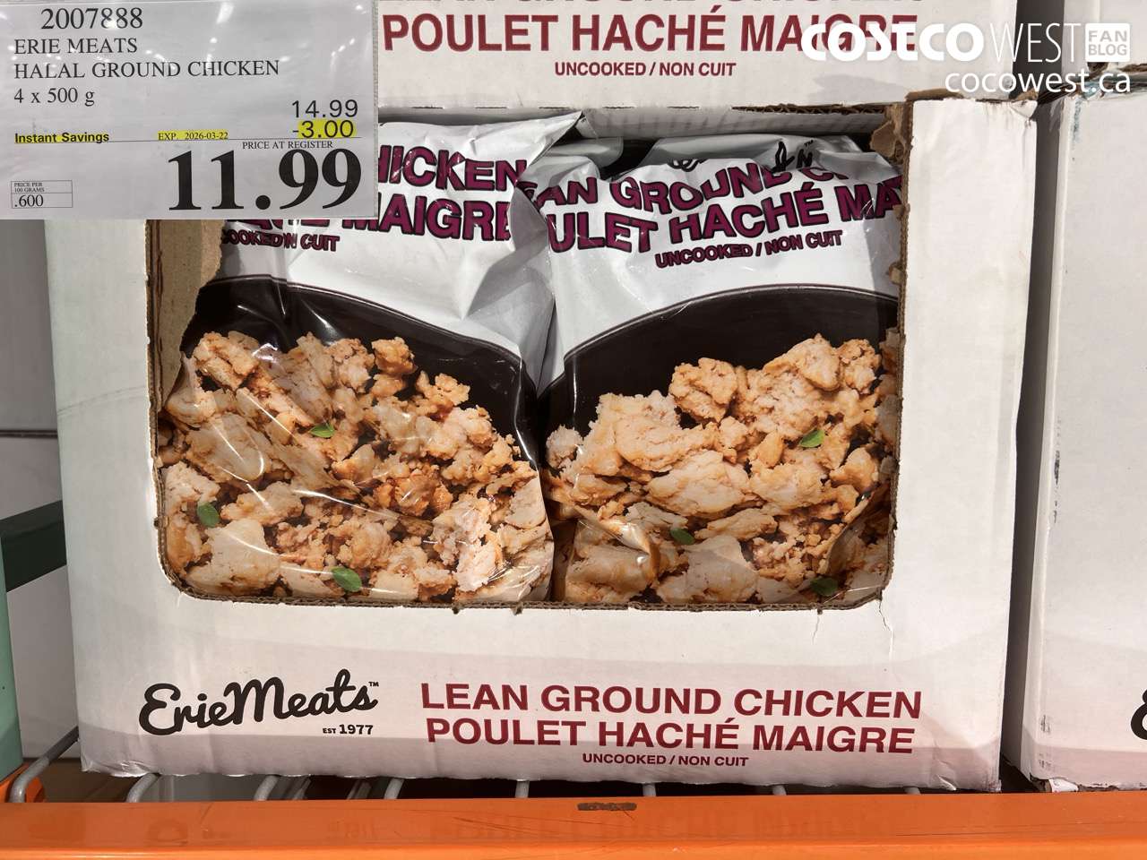 2007888 ERIE MEATS HALAL GROUND CHICKEN 4 X 500 G ($3.00 INSTANT SAVINGS EXPIRES ON 2026-03-22) $11.99