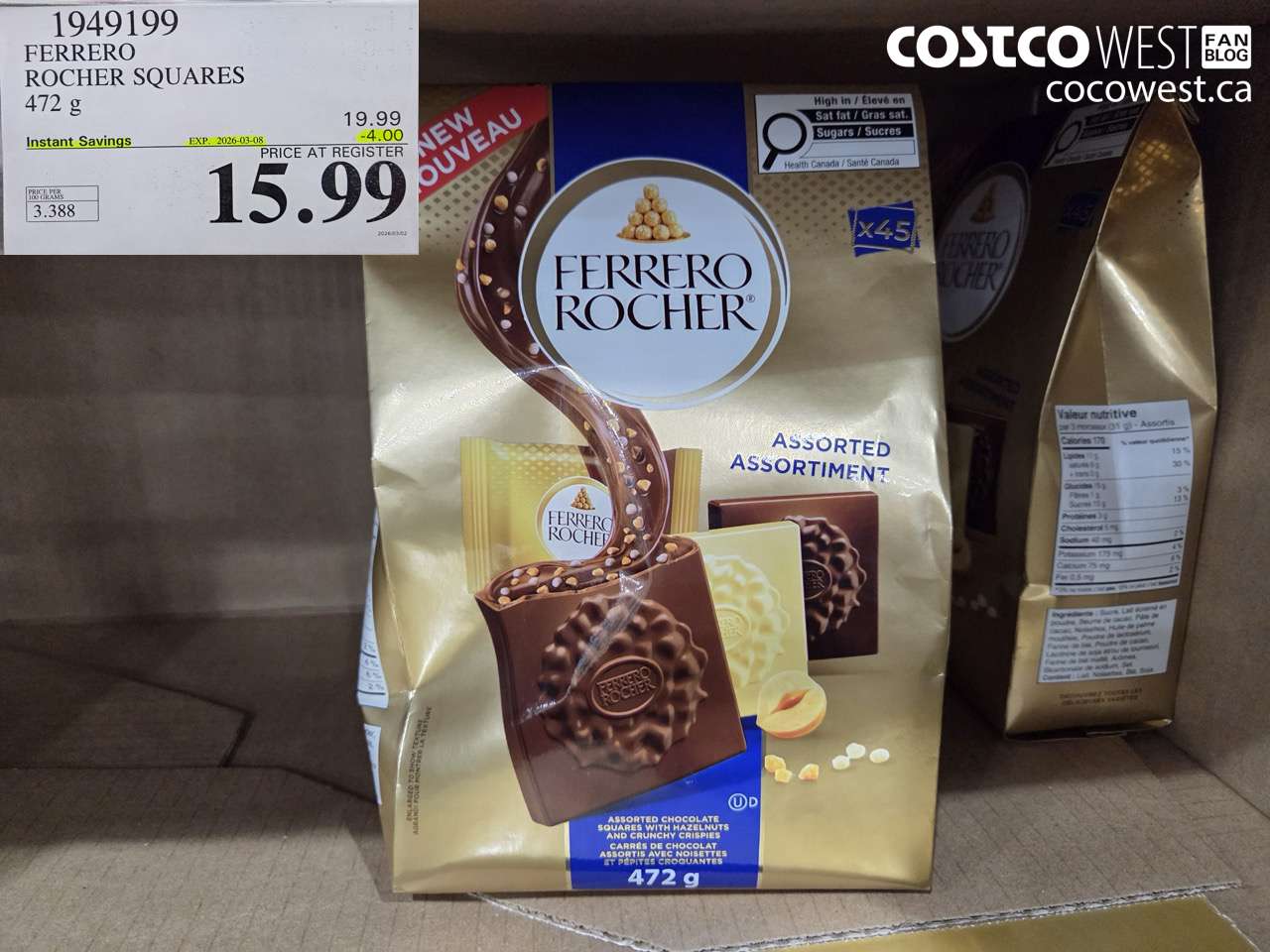 1949199 FERRERO ROCHER SQUARES 472 G ($4.00 INSTANT SAVINGS EXPIRES ON 2026-03-08) $15.99