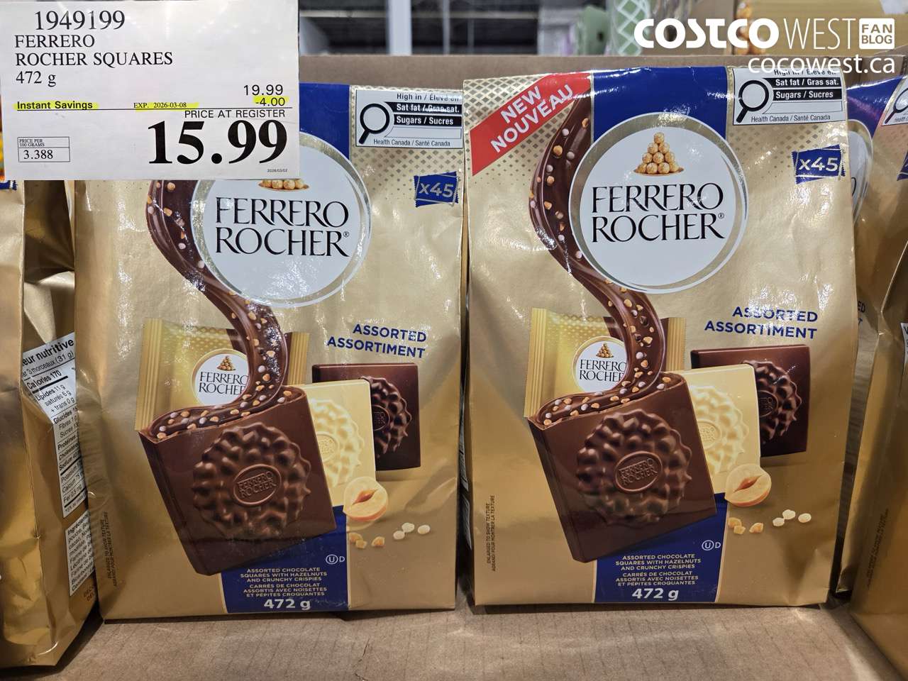1949199 FERRERO ROCHER SQUARES 472 G ($4.00 INSTANT SAVINGS EXPIRES ON 2026-03-08) $15.99