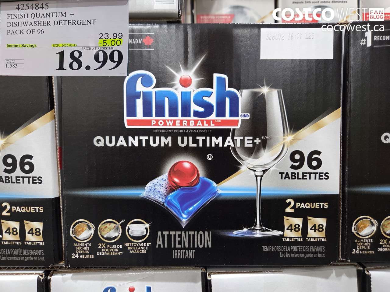 4254845 FINISH QUANTUM + DISHWASHER DETERGENT PACK OF 96 ($5.00 INSTANT SAVINGS EXPIRES ON 2026-03-15) $18.99