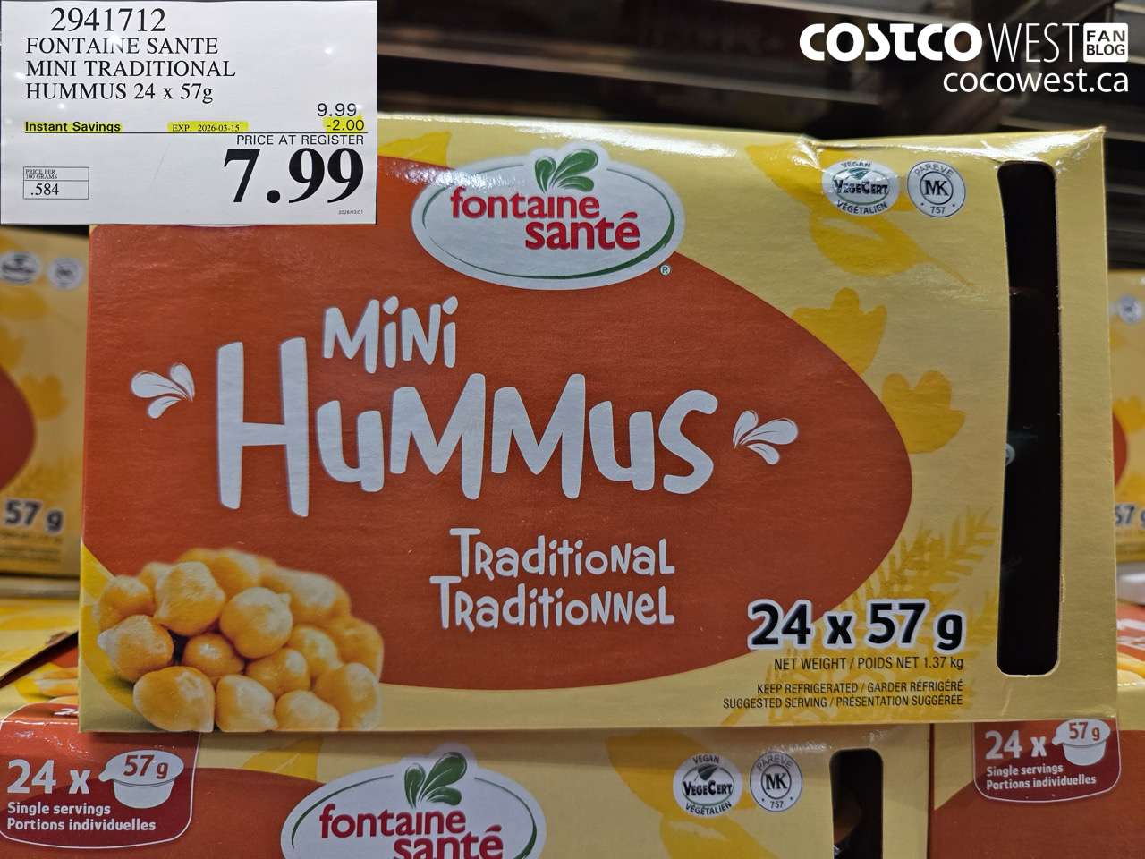 2941712 FONTAINE SANTE MINI TRADITIONAL HUMMUS 24 x 57g ($2.00 INSTANT SAVINGS EXPIRES ON 2026-03-15) $7.99