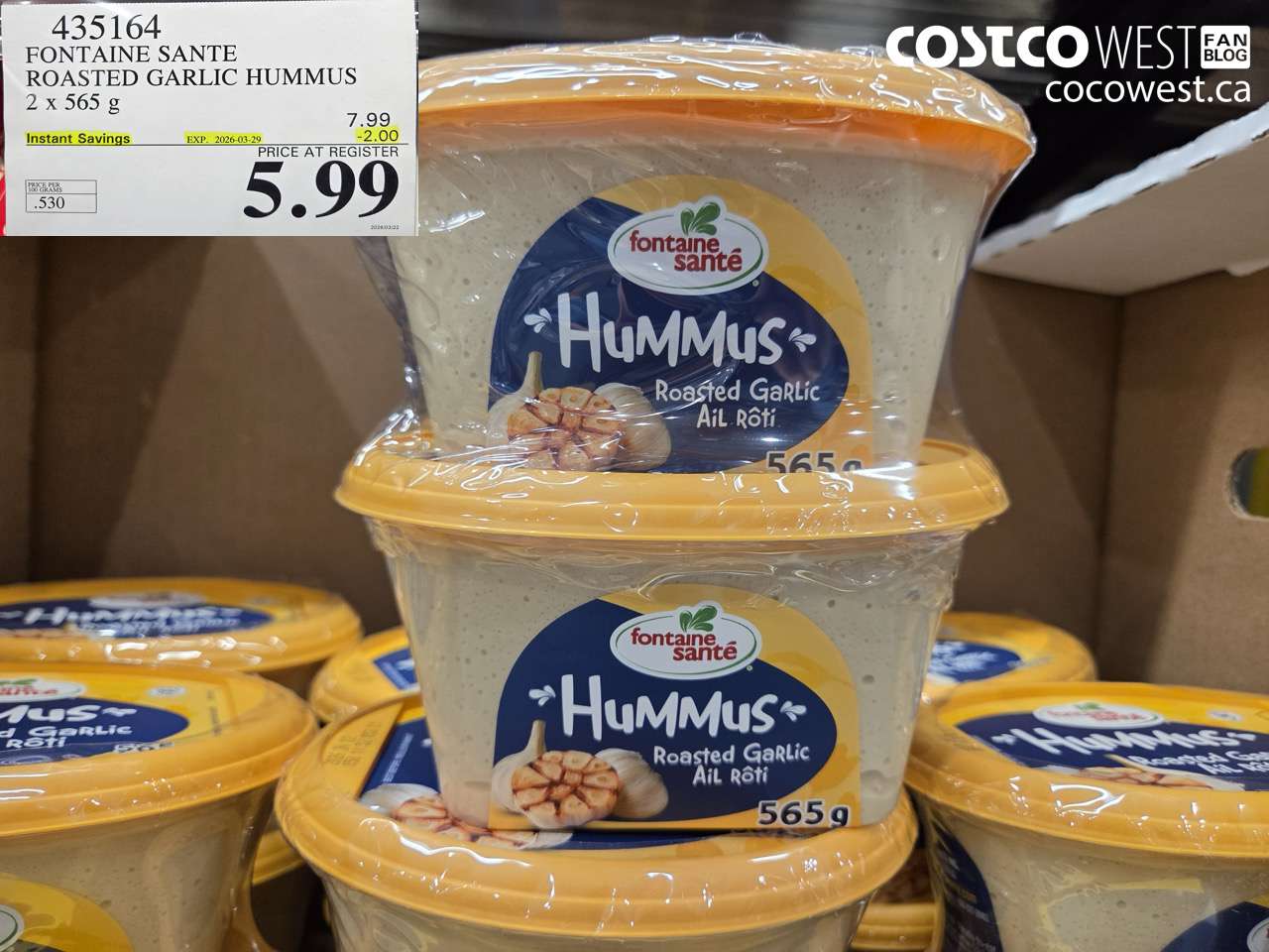 435164 FONTAINE SANTE ROASTED GARLIC HUMMUS 2 X 565 G ($2.00 INSTANT SAVINGS EXPIRES ON 2026-03-29) $5.99