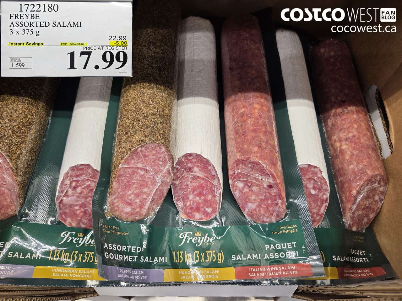 1722180 FREYBE ASSORTED SALAMI 3 X 375 G ($5.00 INSTANT SAVINGS EXPIRES ON 2026-03-08) $17.99