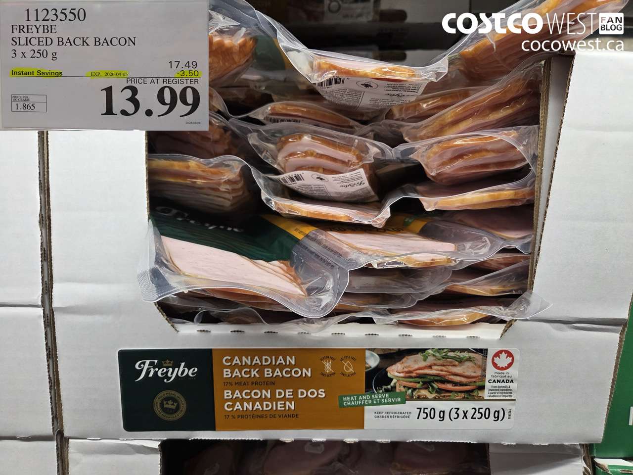 1123550 FREYBE SLICED BACK BACON 3 X 250 G ($3.50 INSTANT SAVINGS EXPIRES ON 2026-04-05) $13.99