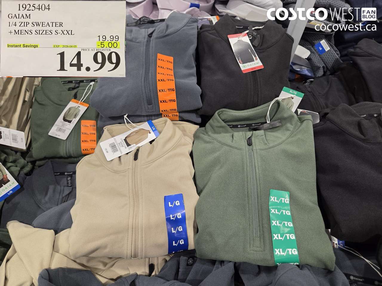 1925404 GAIAM 1/4 ZIP SWEATER MENS SIZES S-XXL ($5.00 INSTANT SAVINGS EXPIRES ON 2026-04-05) $14.99