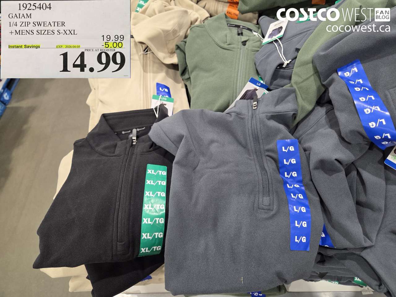 1925404 GAIAM 1/4 ZIP SWEATER + MENS SIZES S-XXL ($5.00 INSTANT SAVINGS EXPIRES ON 2026-04-05) $14.99