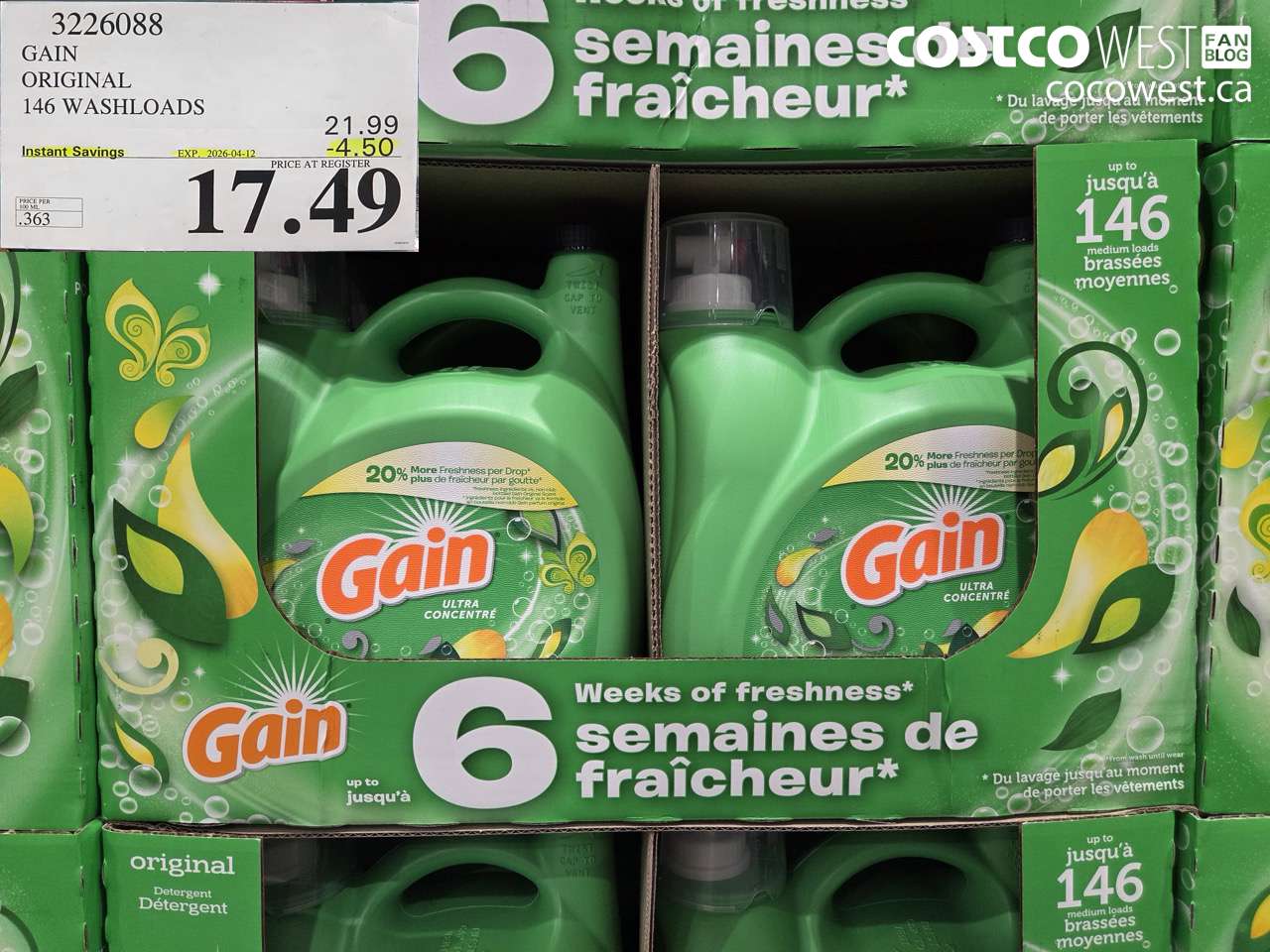 3226088 GAIN ORIGINAL 146 WASHLOADS ($4.50 INSTANT SAVINGS EXPIRES ON 2026-04-12) $17.49