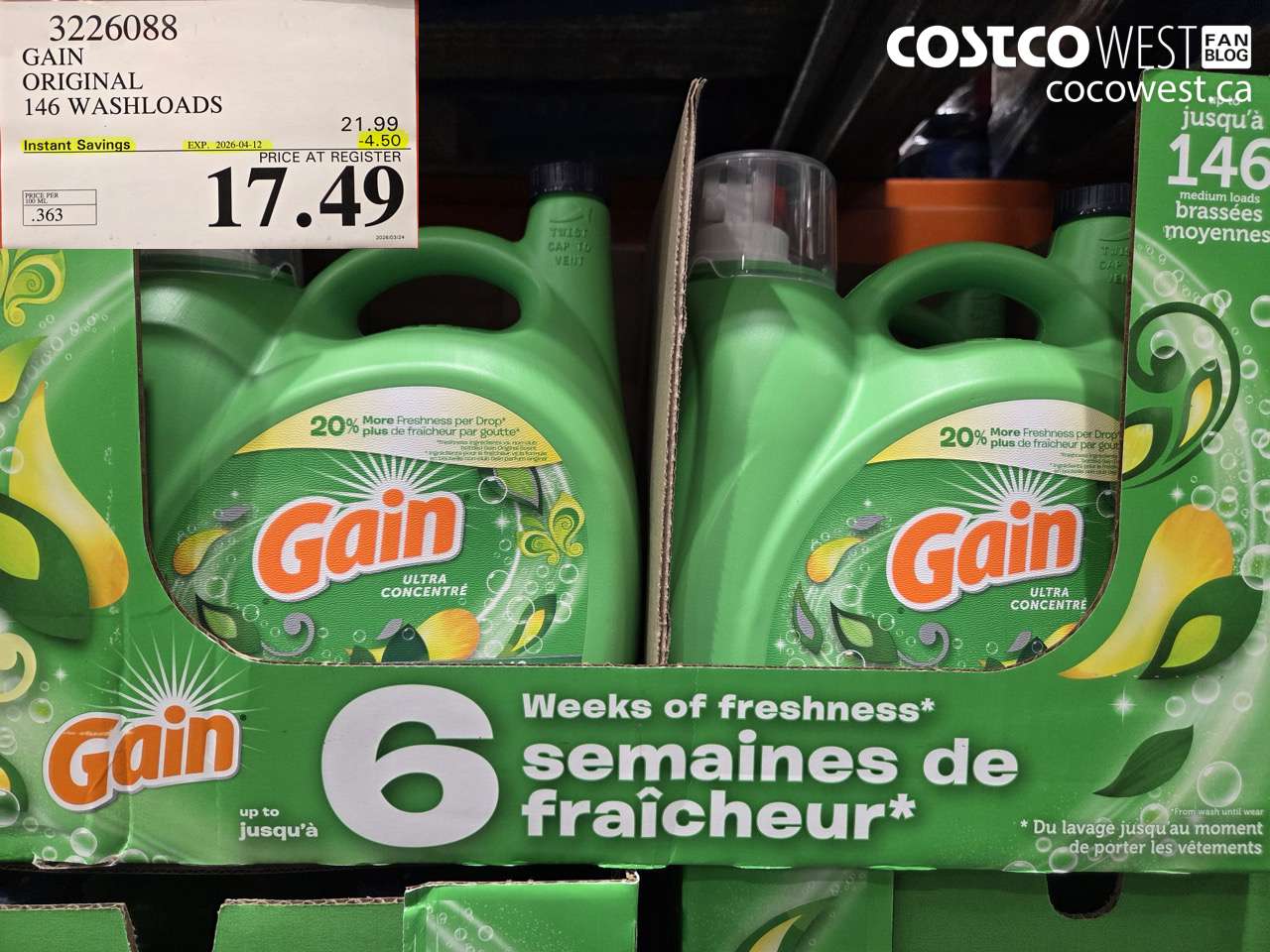 3226088 GAIN ORIGINAL 146 WASHLOADS ($4.50 INSTANT SAVINGS EXPIRES ON 2026-04-12) $17.49