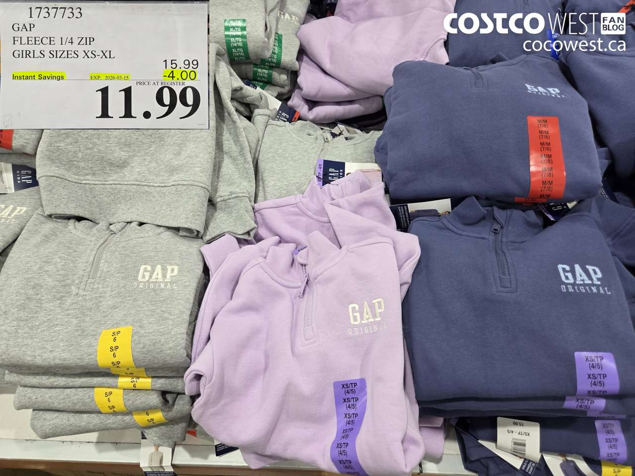 1737733 GAP FLEECE 1/4 ZIP GIRLS SIZES XS-XL ($4.00 INSTANT SAVINGS EXPIRES ON 2026-03-15) $11.99