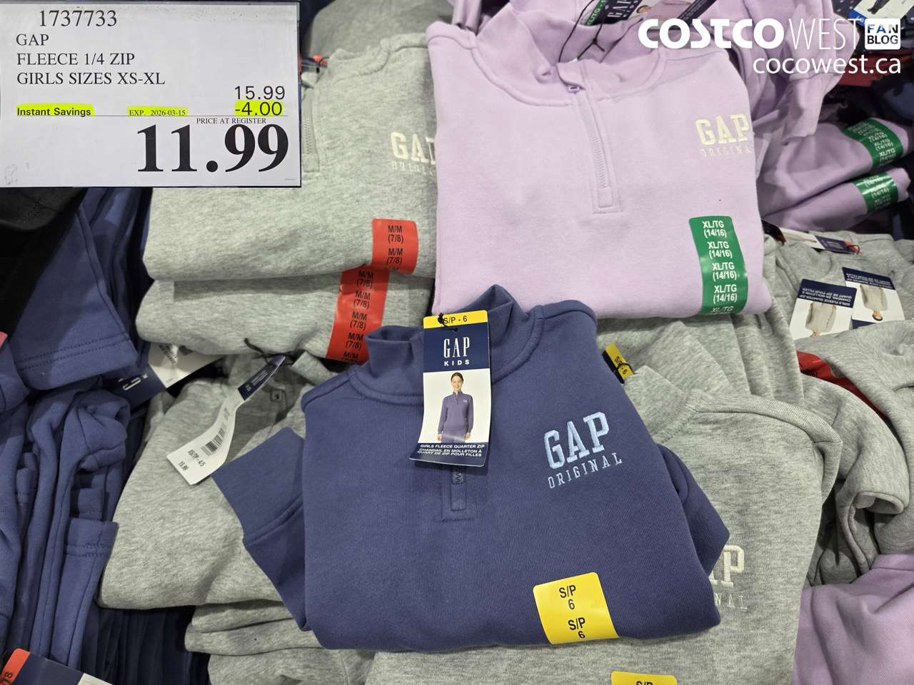 1737733 GAP FLEECE 1/4 ZIP GIRLS SIZES XS-XL ($4.00 INSTANT SAVINGS EXPIRES ON 2026-03-15) $11.99