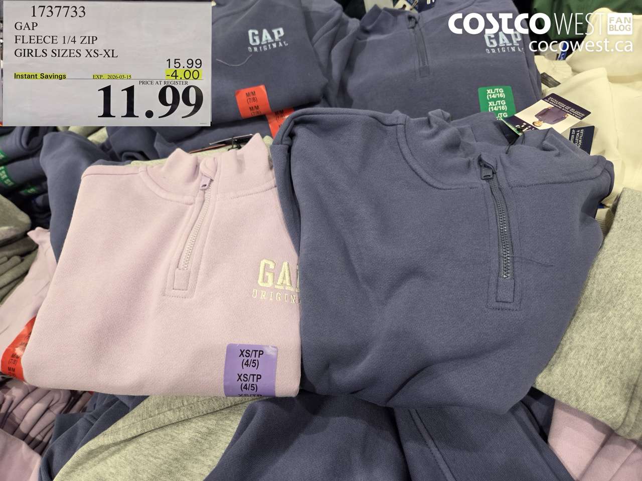 17373733 GAP FLEECE 1/4 ZIP GIRLS SIZES XS-XL ($4.00 INSTANT SAVINGS EXPIRES ON 2026-03-15) $11.99