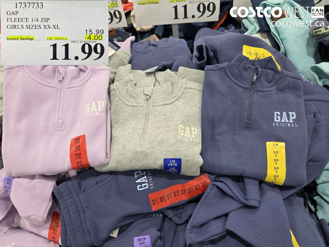 1737733 GAP FLEECE 1/4 ZIP GIRLS SIZES XS-XL ($4.00 INSTANT SAVINGS EXPIRES ON 2026-03-15) $11.99