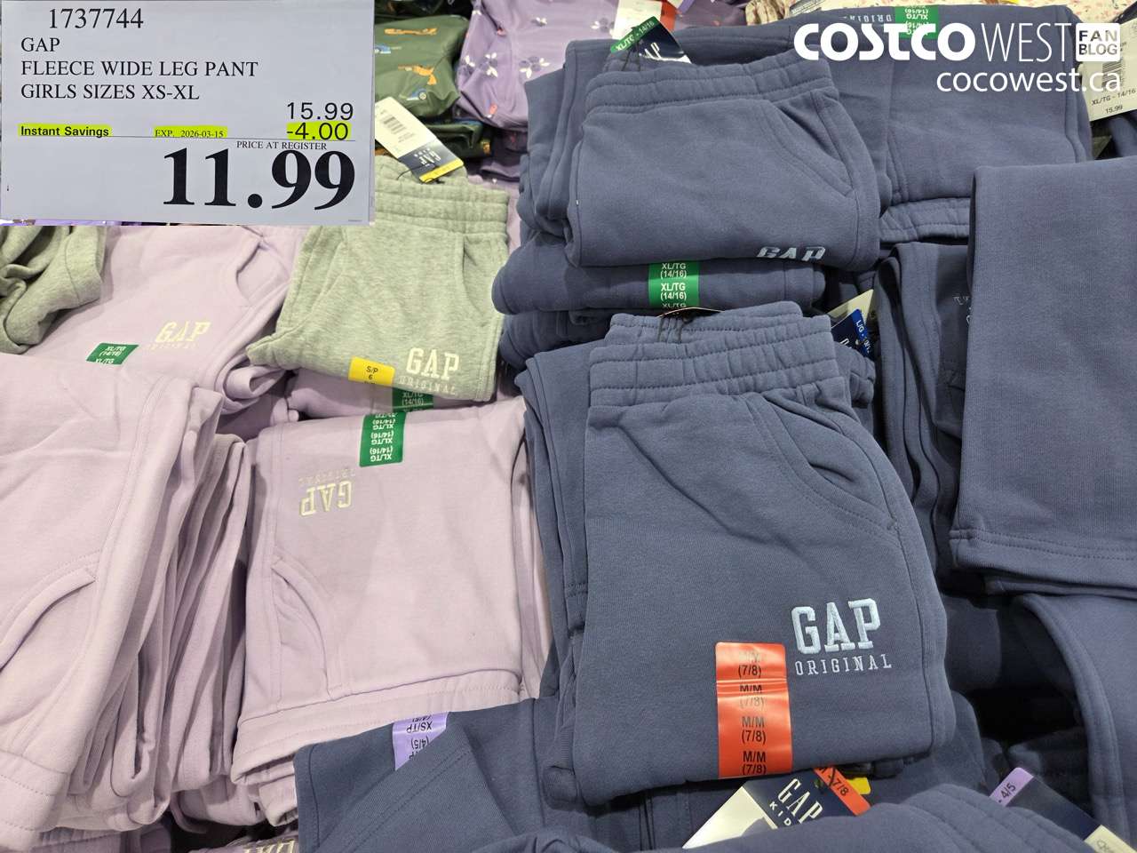 1737744 GAP FLEECE WIDE LEG PANT GIRLS SIZES XS-XL ($4.00 INSTANT SAVINGS EXPIRES ON 2026-03-15) $11.99