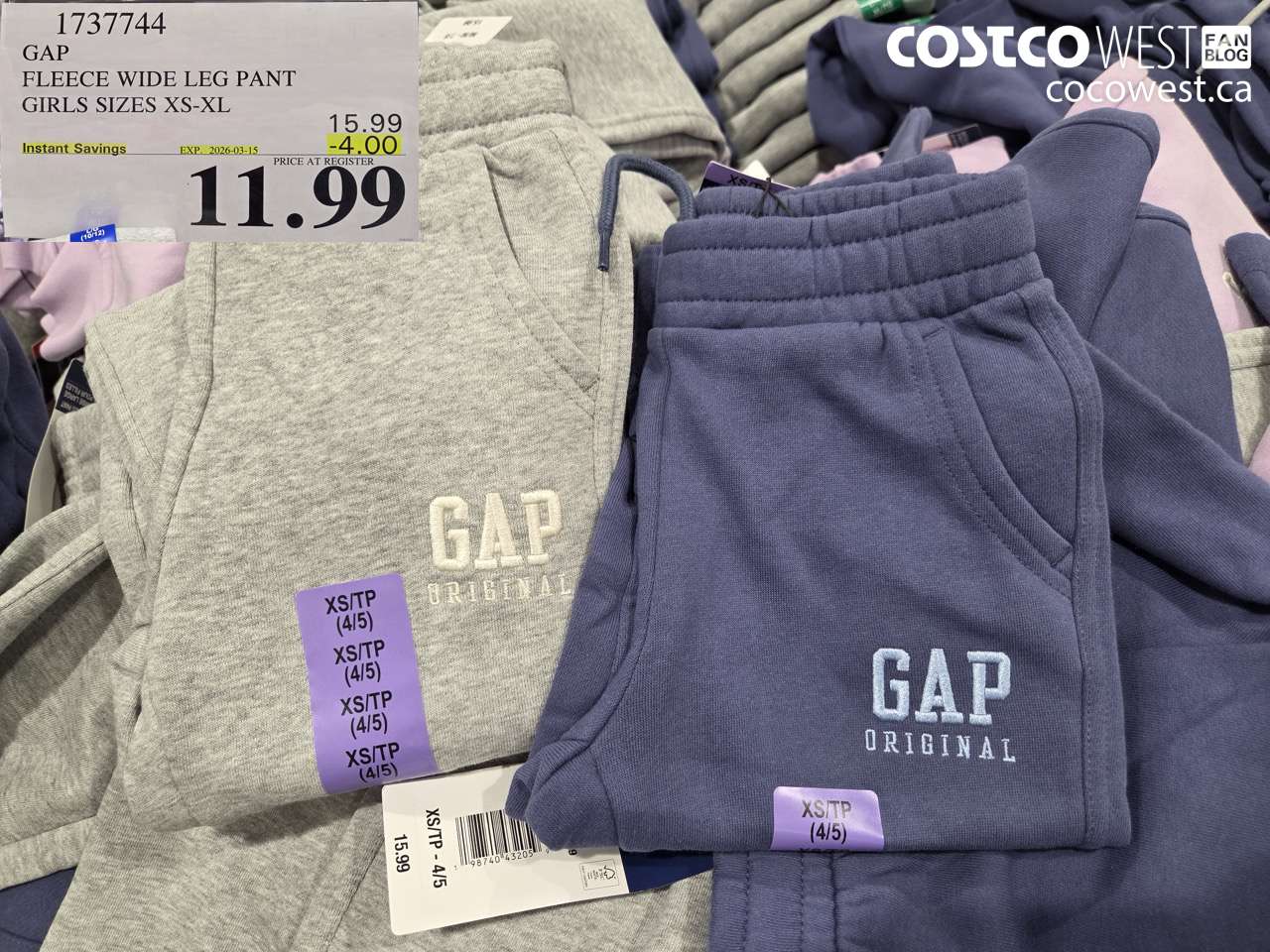 1737744 GAP FLEECE WIDE LEG PANT GIRLS SIZES XS-XL ($4.00 INSTANT SAVINGS EXPIRES ON 2026-03-15) $11.99