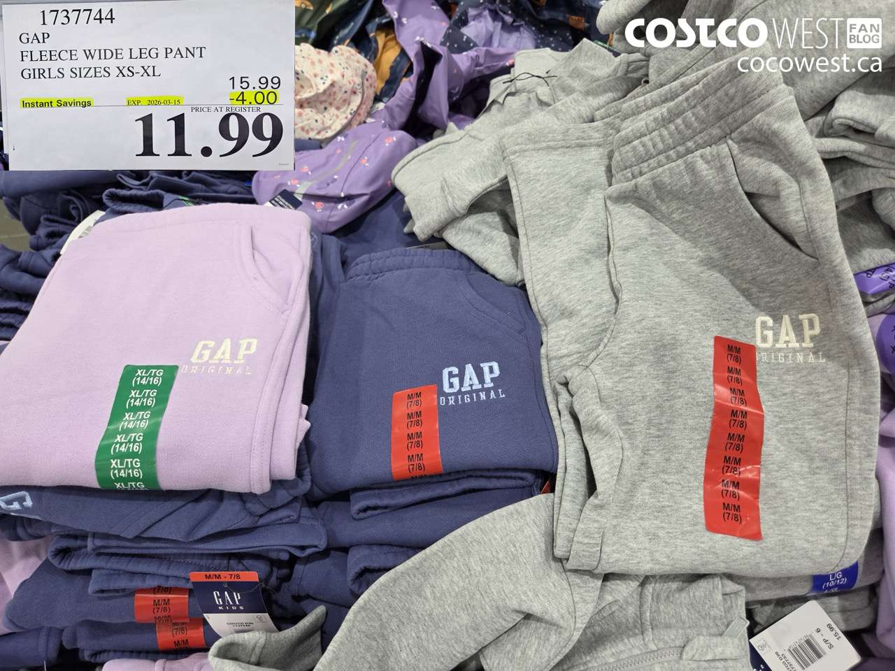 1737744 GAP FLEECE WIDE LEG PANT GIRLS SIZES XS-XL ($4.00 INSTANT SAVINGS EXPIRES ON 2026-03-15) $11.99