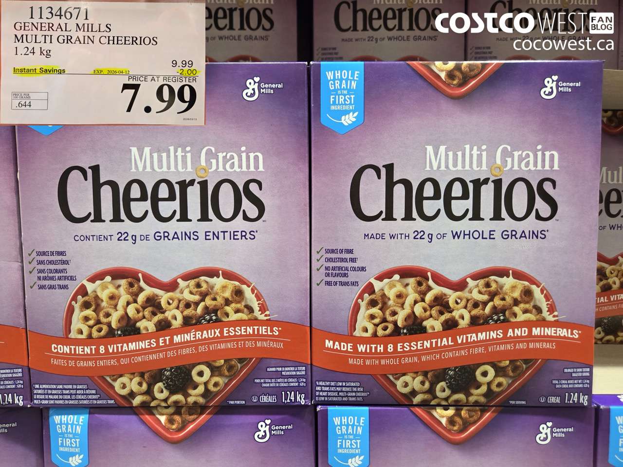 1134671 GENERAL MILLS MULTI GRAIN CHEERIOS 1.24 KG ($2.00 INSTANT SAVINGS EXPIRES ON 2026-04-12) $7.99