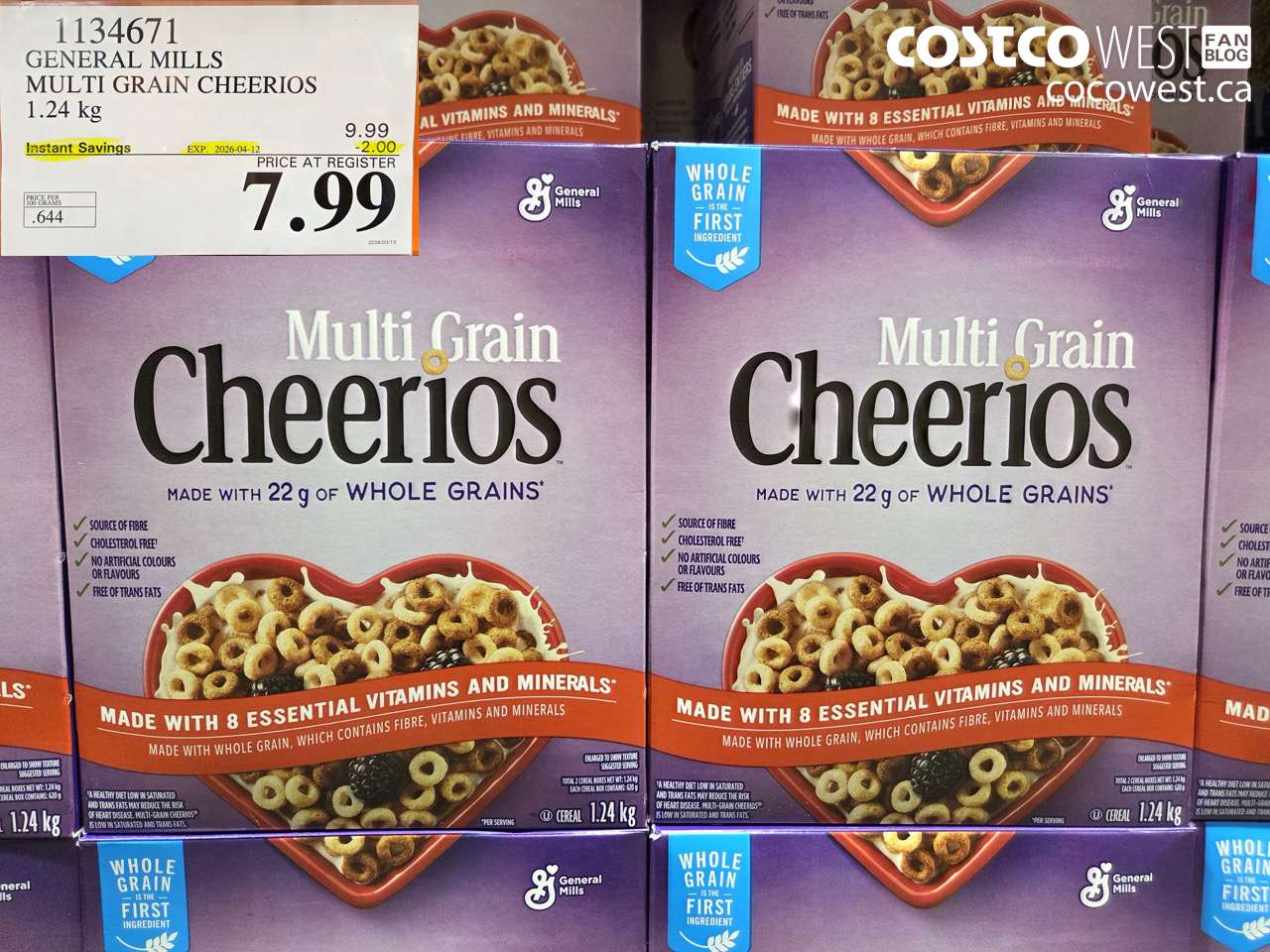 1134671 GENERAL MILLS MULTI GRAIN CHEERIOS 1.24 KG ($2.00 INSTANT SAVINGS EXPIRES ON 2026-04-12) $7.99