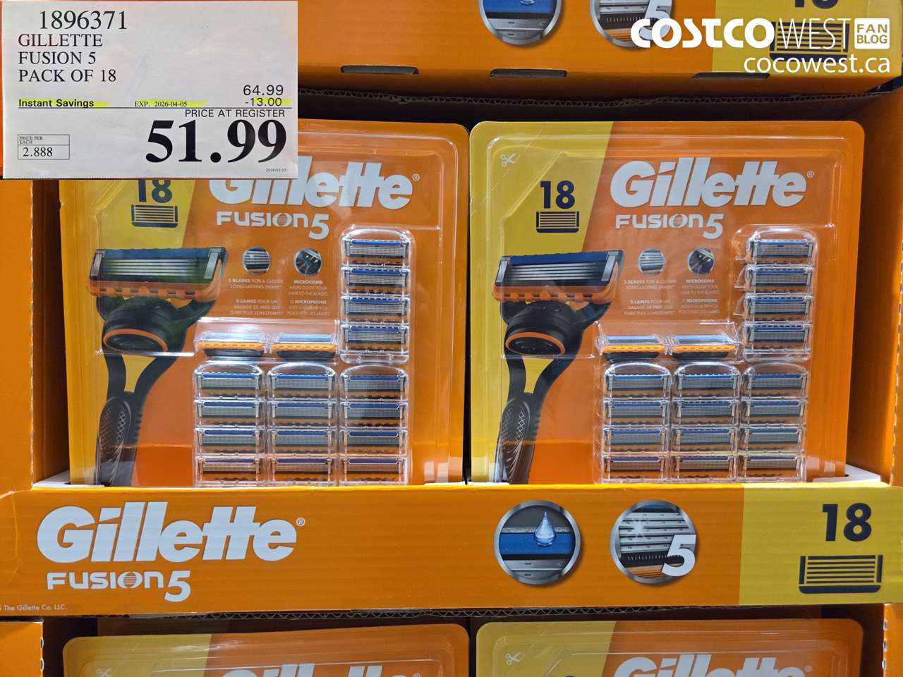 1896371 GILLETTE FUSION 5 PACK OF 18 ($13.00 INSTANT SAVINGS EXPIRES ON 2026-04-05) $51.99