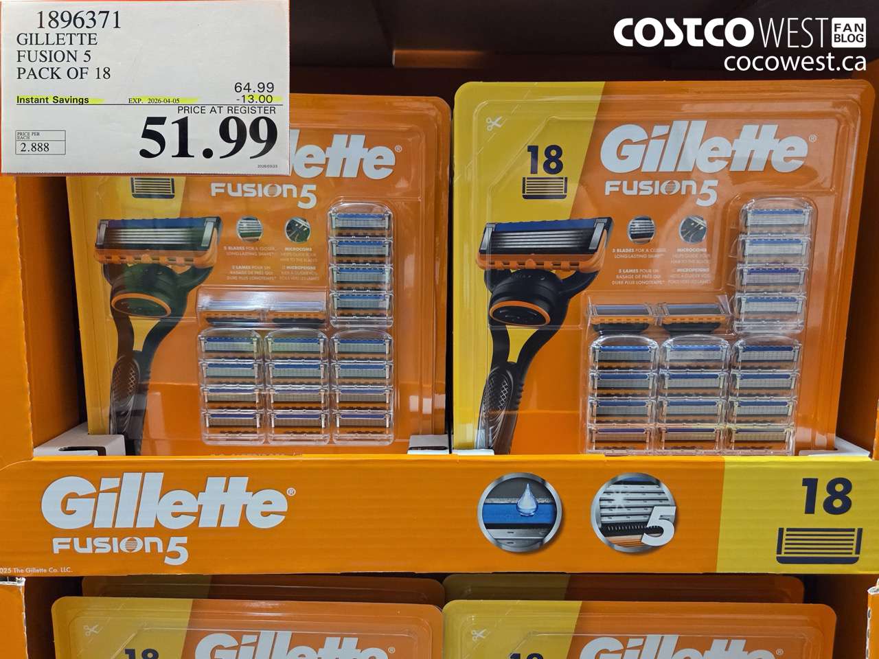 1896371 GILLETTE FUSION 5 PACK OF 18 ($13.00 INSTANT SAVINGS EXPIRES ON 2026-04-05) $51.99