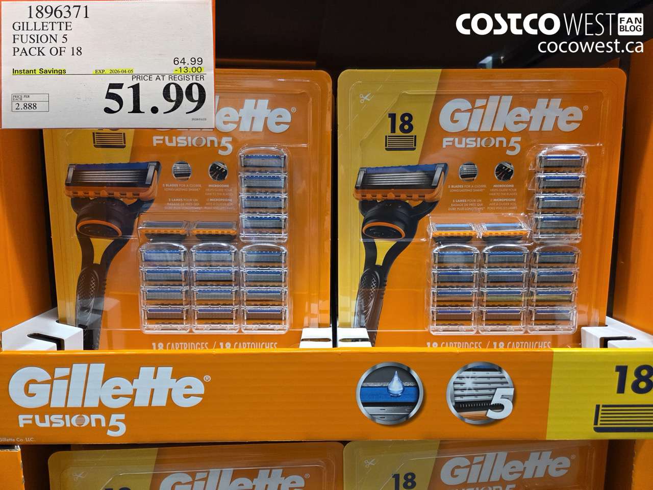 1896371 GILLETTE FUSION 5 PACK OF 18 ($13.00 INSTANT SAVINGS EXPIRES ON 2026-04-05) $51.99