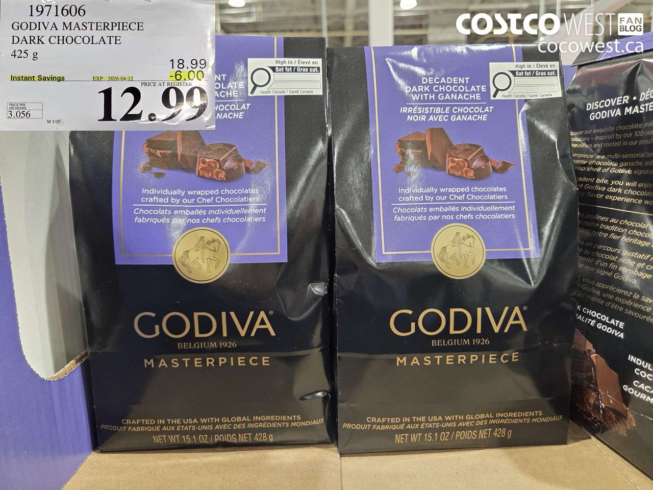 1971606 GODIVA MASTERPIECE DARK CHOCOLATE 425 G ($6.00 INSTANT SAVINGS EXPIRES ON 2026-04-12) $12.99