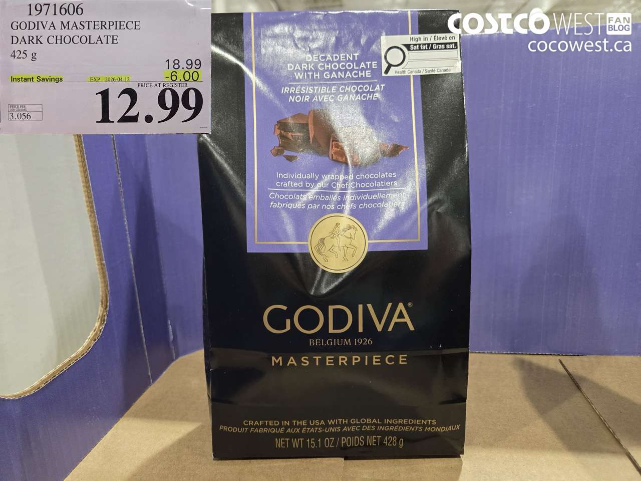 1971606 GODIVA MASTERPIECE DARK CHOCOLATE 425 G ($6.00 INSTANT SAVINGS EXPIRES ON 2026-04-12) $12.99