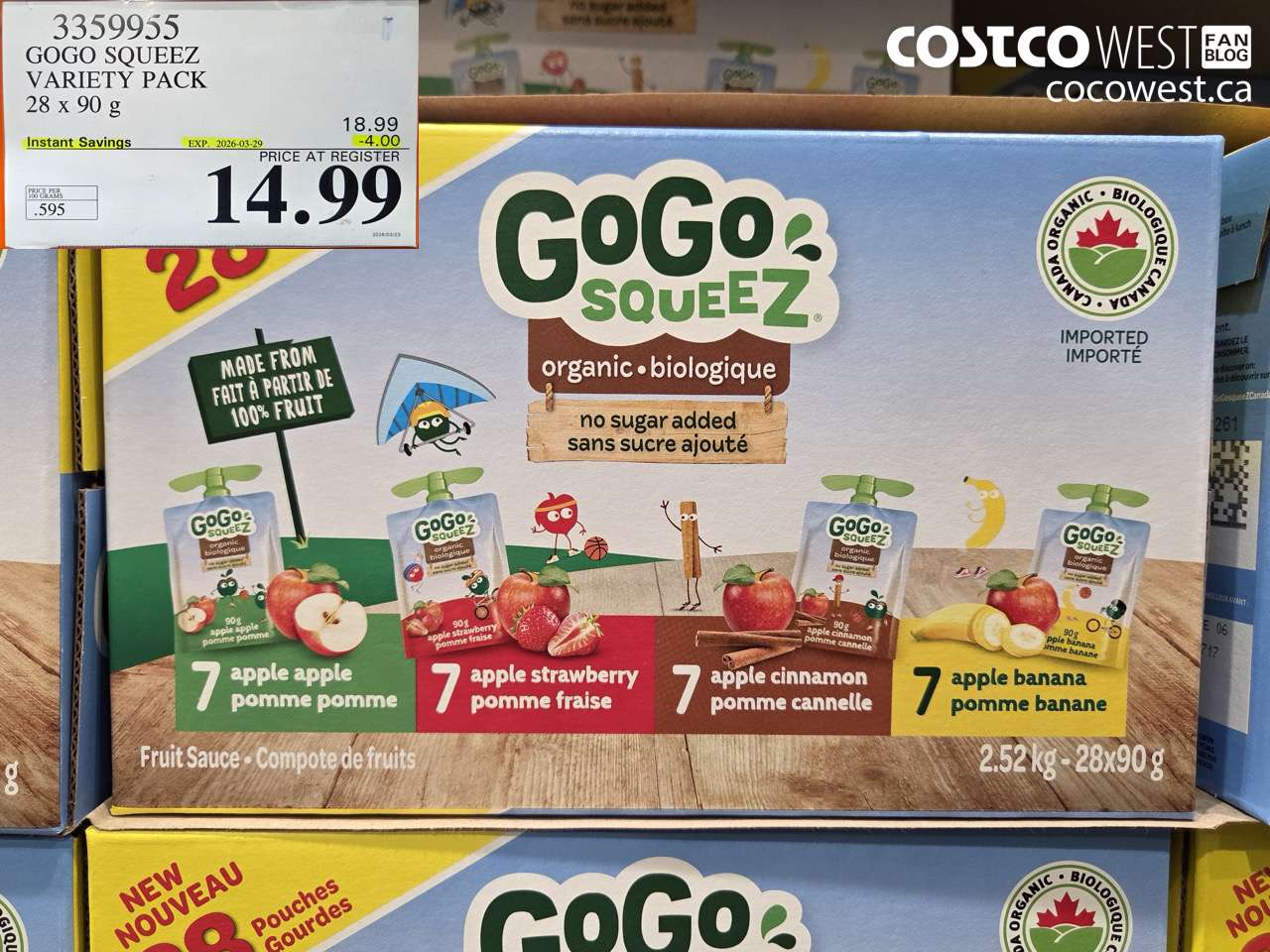 3359955 GOGO SQUEEZ VARIETY PACK 28 X 90 G ($4.00 INSTANT SAVINGS EXPIRES ON 2026-03-29) $14.99
