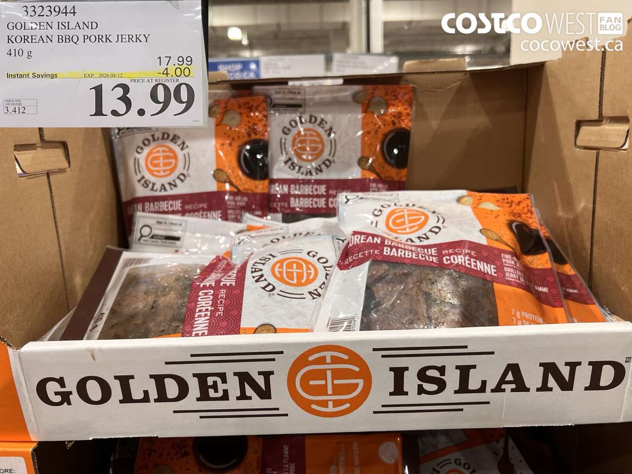 3323944 GOLDEN ISLAND KOREAN BBQ PORK JERKY 410G ($4.00 INSTANT SAVINGS EXPIRES ON 2026-04-12) $13.99