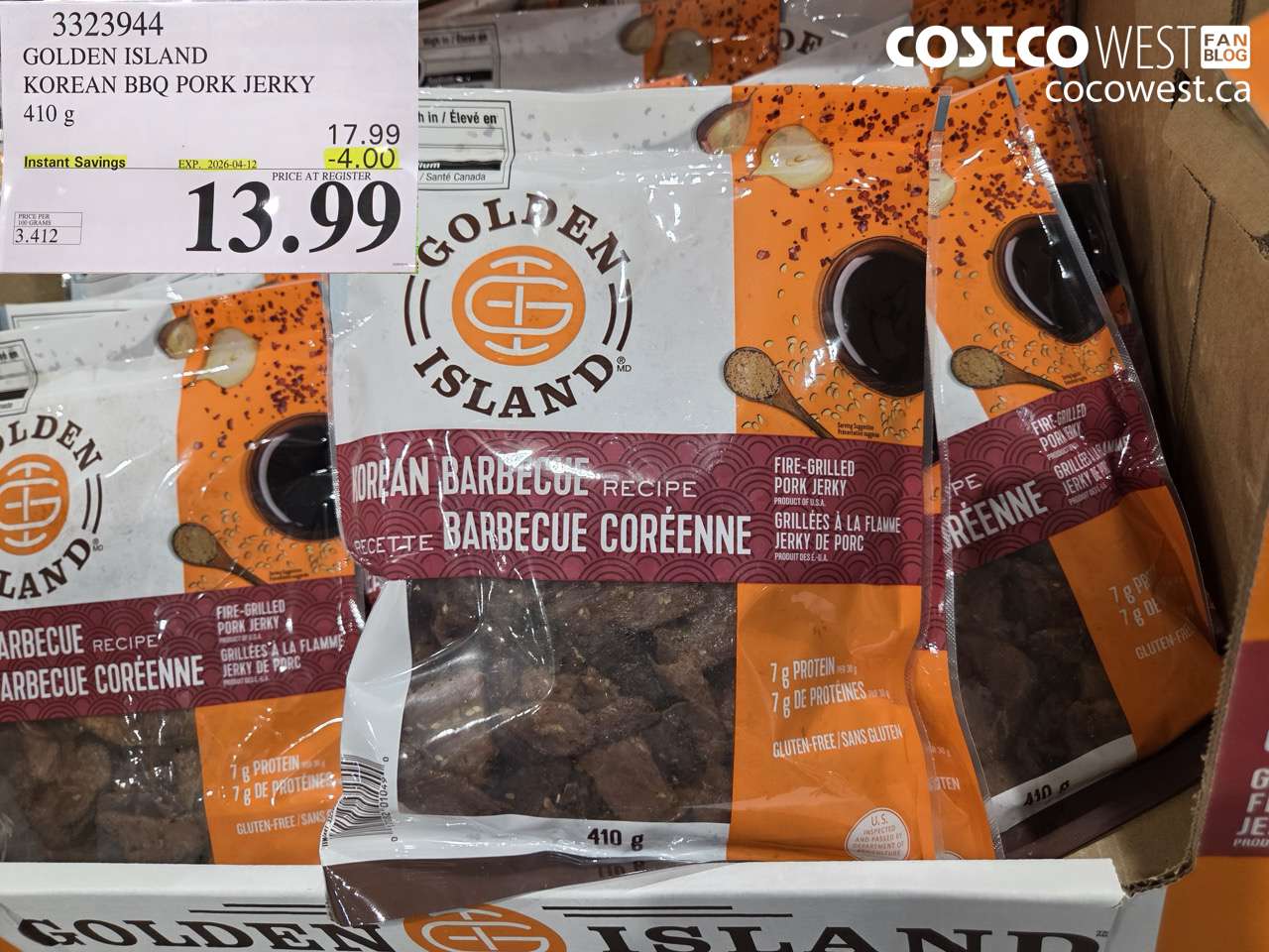 3223944 GOLDEN ISLAND KOREAN BBQ PORK JERKY 410G ($4.00 INSTANT SAVINGS EXPIRES ON 2026-04-12) $13.99