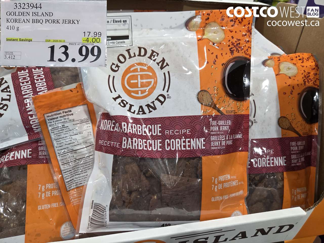 3323944 GOLDEN ISLAND KOREAN BBQ PORK JERKY 410 G ($4.00 INSTANT SAVINGS EXPIRES ON 2026-04-12) $13.99