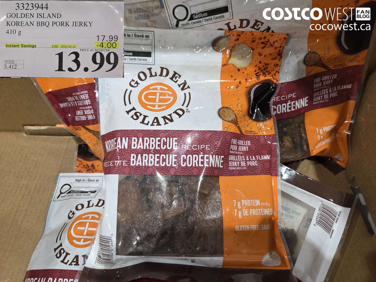 3323944 GOLDEN ISLAND KOREAN BBQ PORK JERKY 410 G ($4.00 INSTANT SAVINGS EXPIRES ON 2026-04-12) $13.99