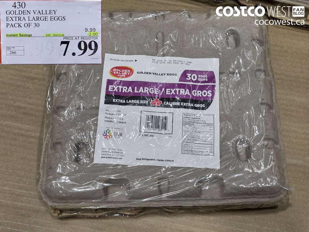 430 GOLDEN VALLEY EXTRA LARGE EGGS PACK OF 30 ($2.00 INSTANT SAVINGS EXPIRES ON 2026-03-08) $7.99
