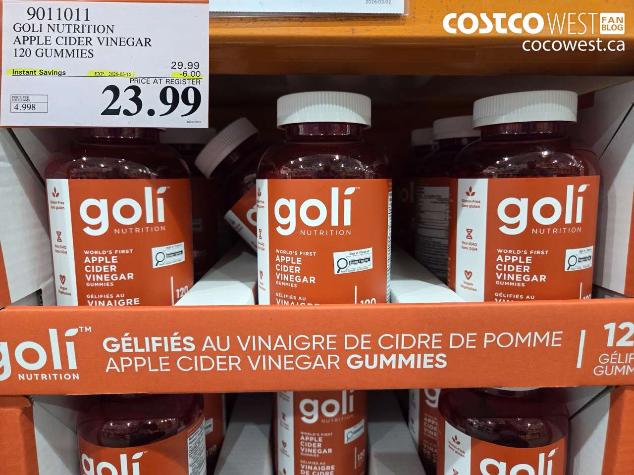 9011011 GOLI NUTRITION APPLE CIDER VINEGAR 120 GUMMIES ($6.00 INSTANT SAVINGS EXPIRES ON 2026-03-15) $23.99