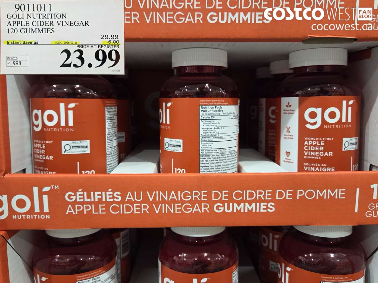 9011011 GOLI NUTRITION APPLE CIDER VINEGAR 120 GUMMIES ($6.00 INSTANT SAVINGS EXPIRES ON 2026-03-15) $23.99