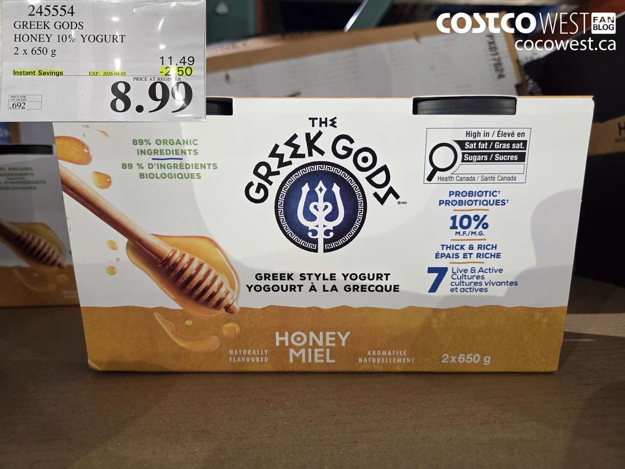 245554 GREEK GODS HONEY 10% YOGURT 2 x 650 g ($2.50 INSTANT SAVINGS EXPIRES ON 2026-04-05) $8.99