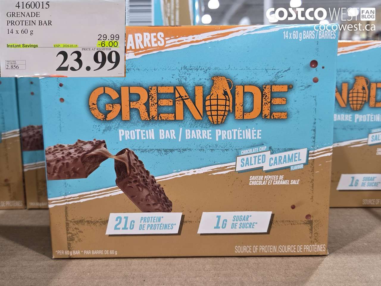 4160015 GRENADE PROTEIN BAR 14 X 60G ($6.00 INSTANT SAVINGS EXPIRES ON 2026-03-15) $23.99