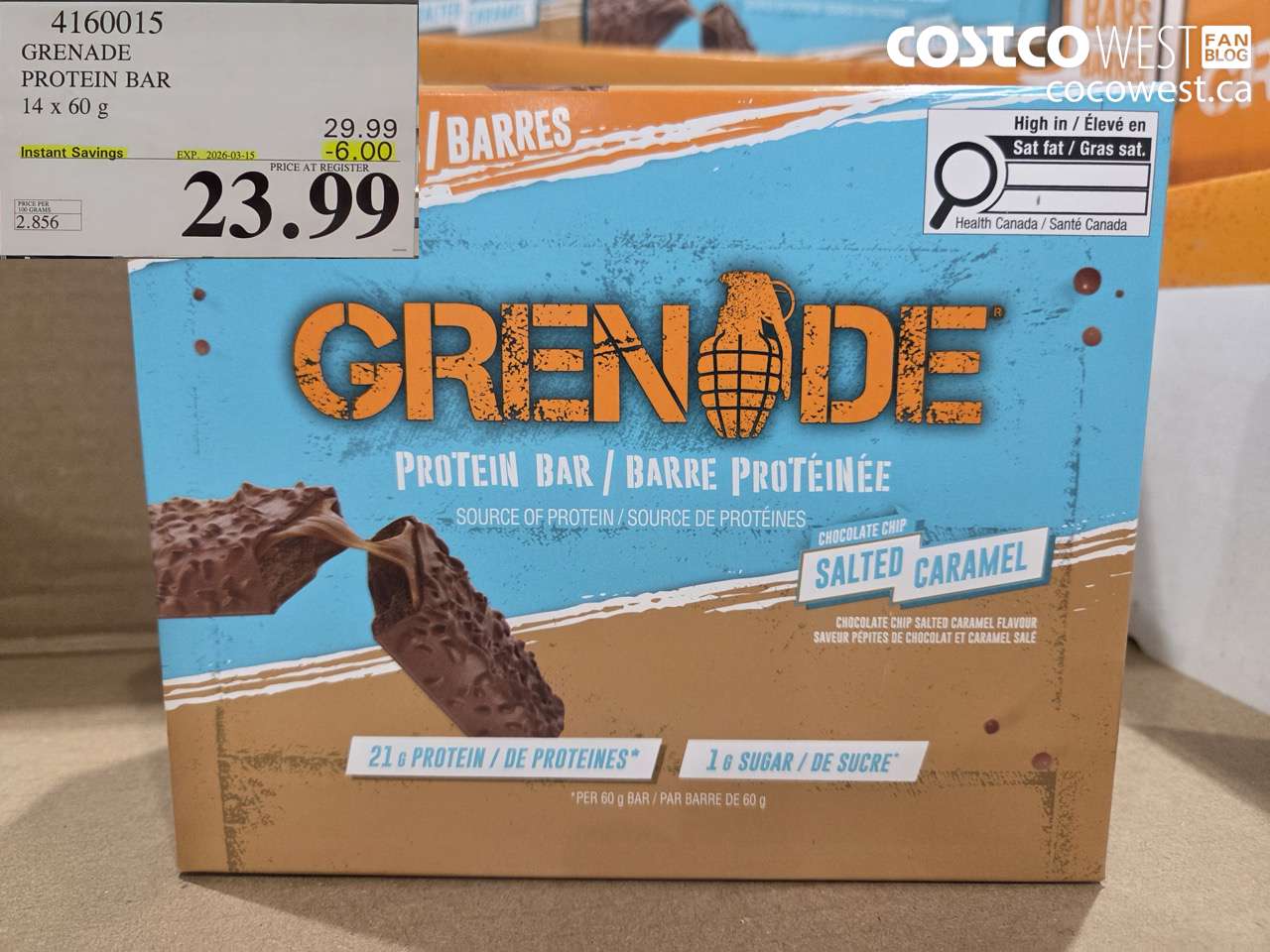 4160015 GRENADE PROTEIN BAR 14 X 60 G ($6.00 INSTANT SAVINGS EXPIRES ON 2026-03-15) $23.99