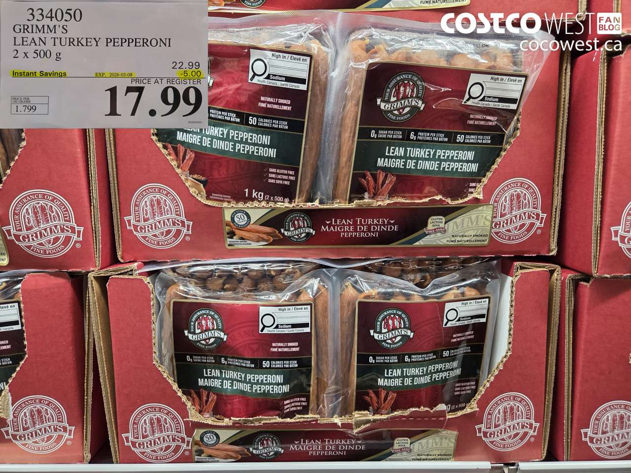 334050 GRIMM'S LEAN TURKEY PEPPERONI 2 X 500G ($5.00 INSTANT SAVINGS EXPIRES ON 2026-03-08) $17.99