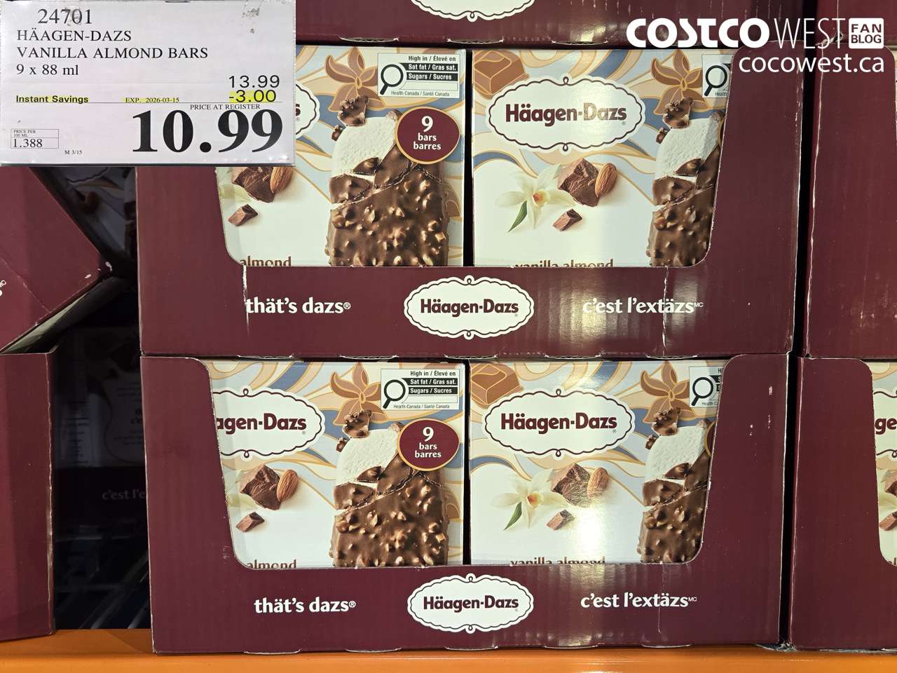 24701 HÄAGEN-DAZS VANILLA ALMOND BARS 9 X 88ML ($3.00 INSTANT SAVINGS EXPIRES ON 2026-03-15) $10.99