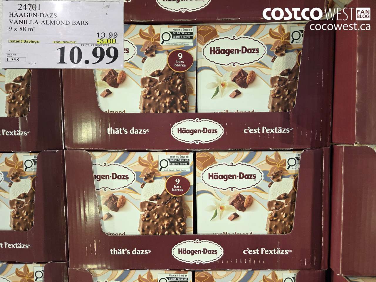 24701 HAAGEN-DAZS VANILLA ALMOND BARS 9 X 88 ML ($3.00 INSTANT SAVINGS EXPIRES ON 2026-03-15) $10.99