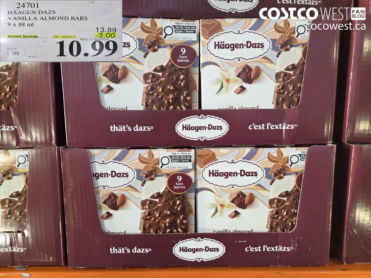 24701 HAAGEN-DAZS VANILLA ALMOND BARS 9 X 88 ML ($3.00 INSTANT SAVINGS EXPIRES ON 2026-03-15) $10.99