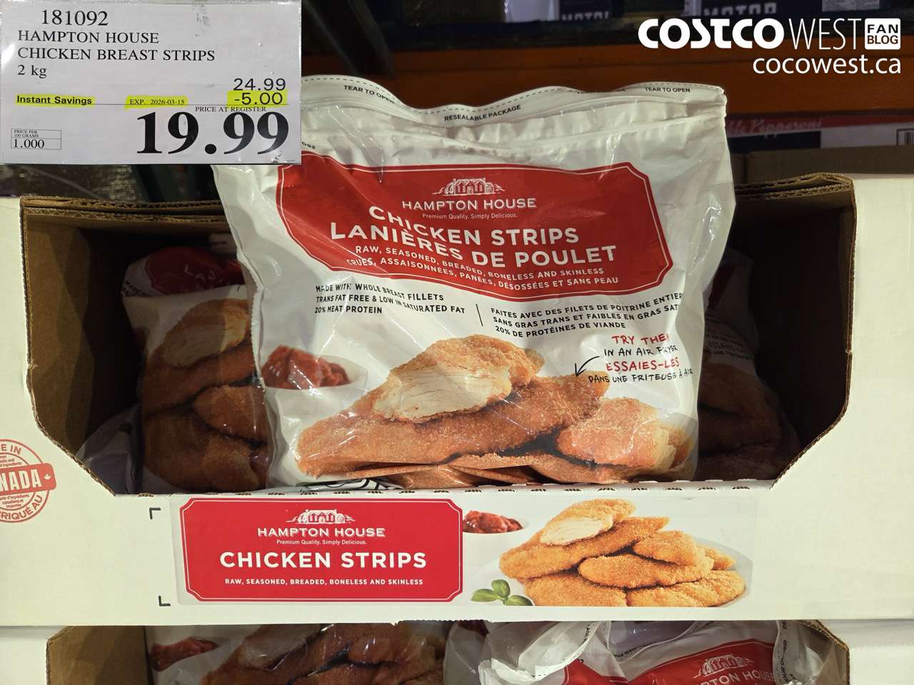 181092 HAMPTON HOUSE CHICKEN BREAST STRIPS 2 KG ($5.00 INSTANT SAVINGS EXPIRES ON 2026-03-15) $19.99