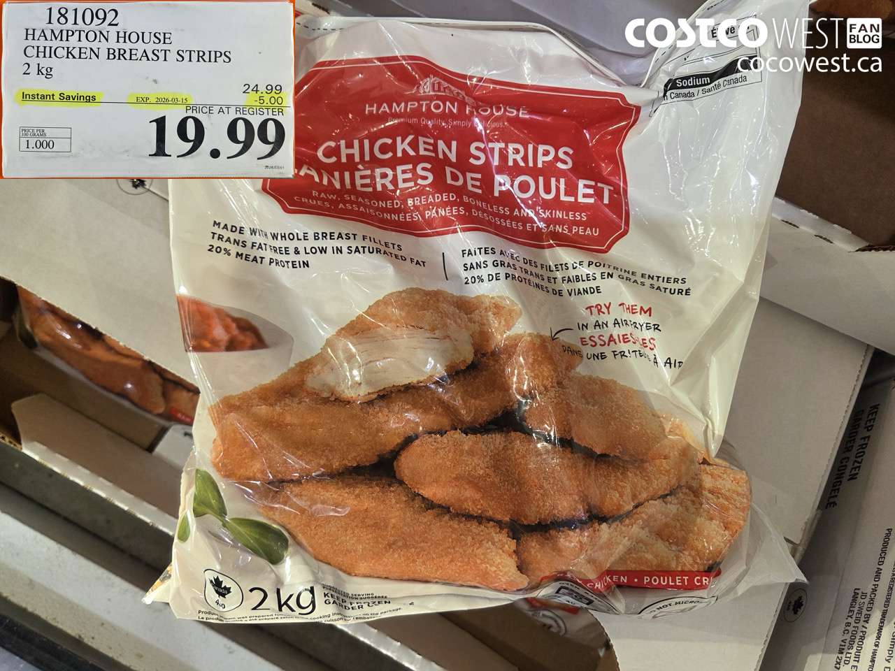 181092 HAMPTON HOUSE CHICKEN BREAST STRIPS 2 KG ($5.00 INSTANT SAVINGS EXPIRES ON 2026-03-15) $19.99