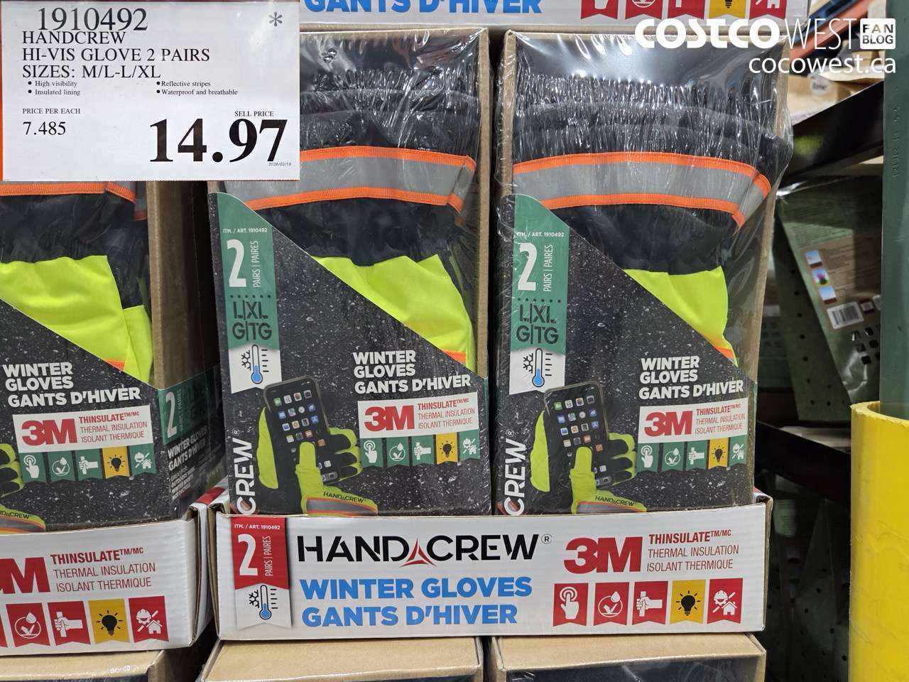 1910492 HANDCREW HI-VIS GLOVE 2 PAIRS SIZES: M/L-L/XL $14.97