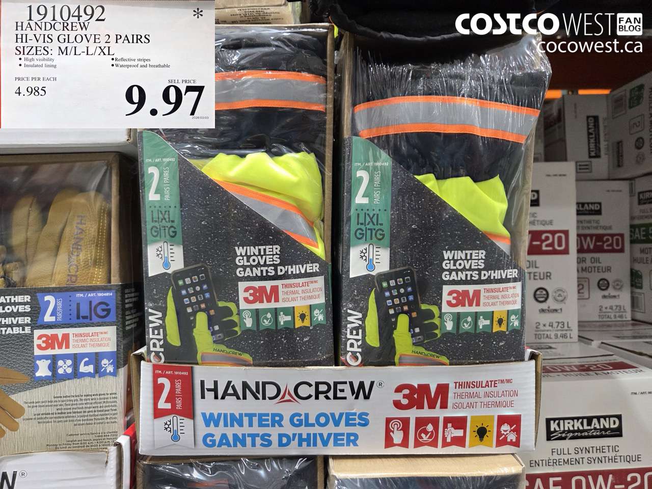 1910492 HANDCREW HI-VIS GLOVE 2 PAIRS SIZES: M/L-L/XL $9.97