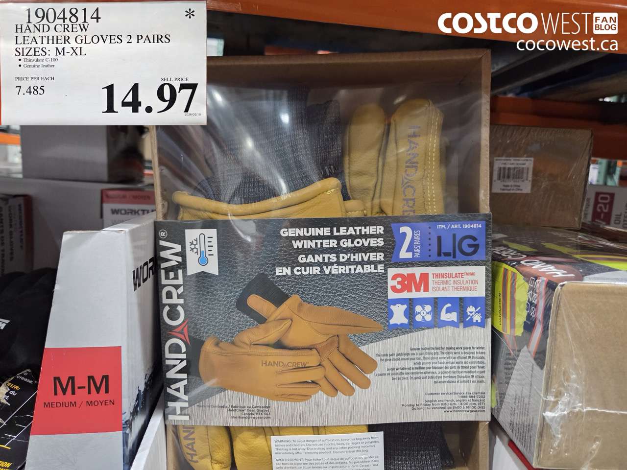 19048114 HAND CREW LEATHER GLOVES 2 PAIRS SIZES: M-XL $14.97