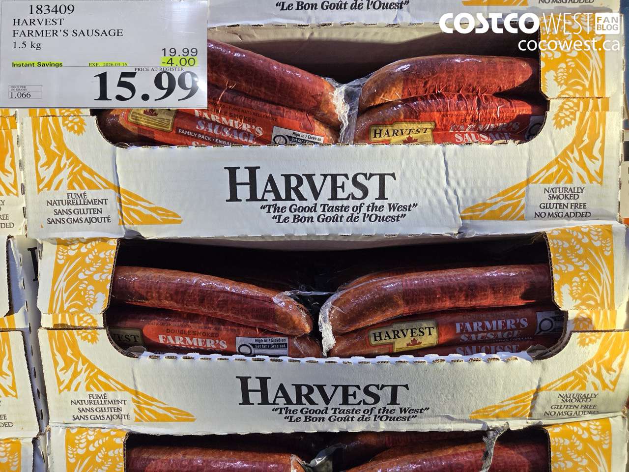 183409 HARVEST FARMER'S SAUSAGE 1.5 KG ($4.00 INSTANT SAVINGS EXPIRES ON 2026-03-15) $15.99